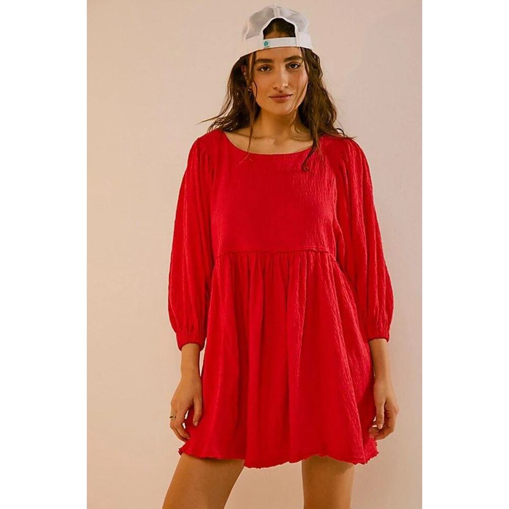 Free People FP Beach GET OBSESSED Babydoll Tunic Dress Pockets Red S NWT $68